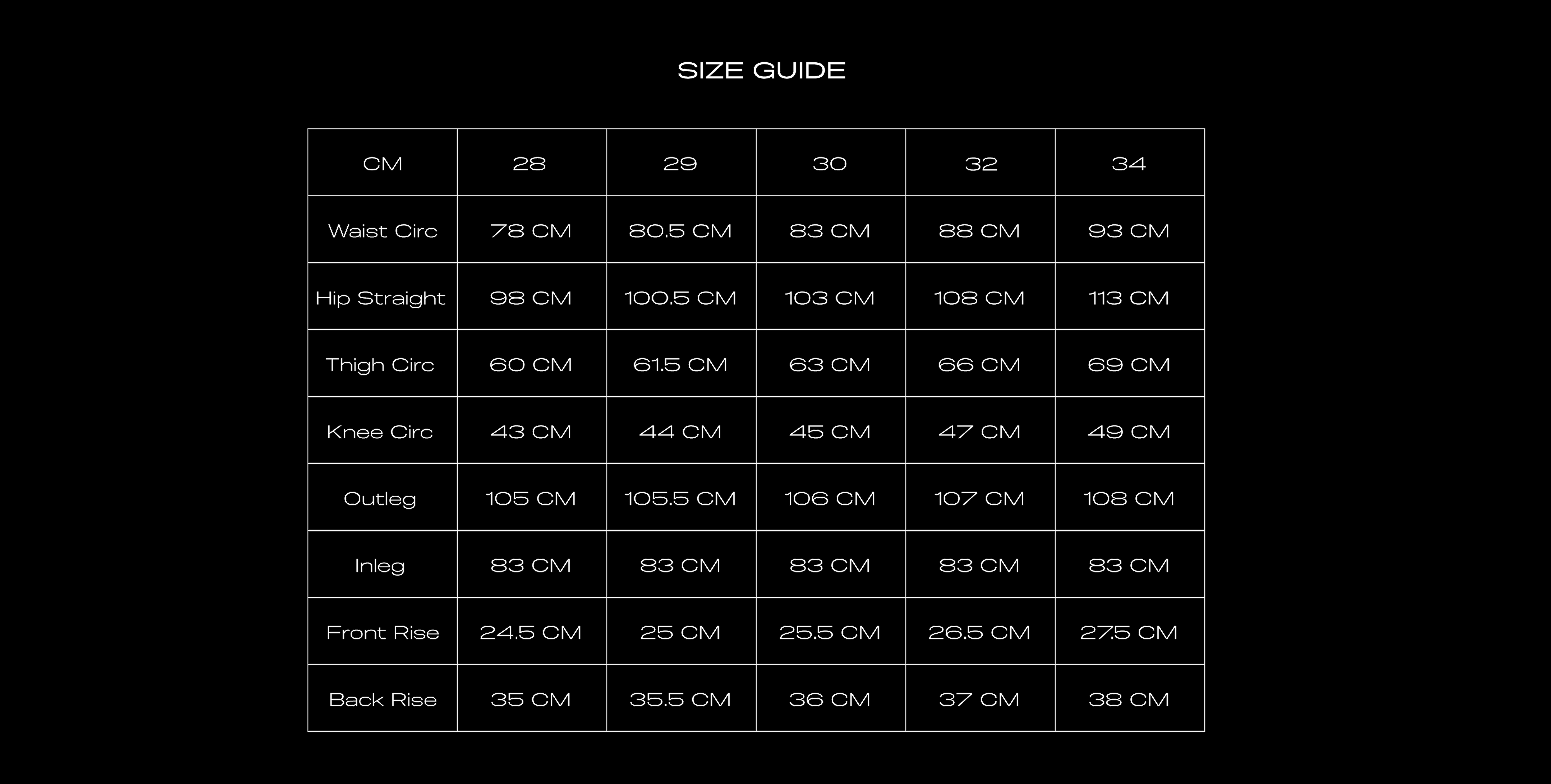 Size Chart for ANTI K JEANS CHEETAH
