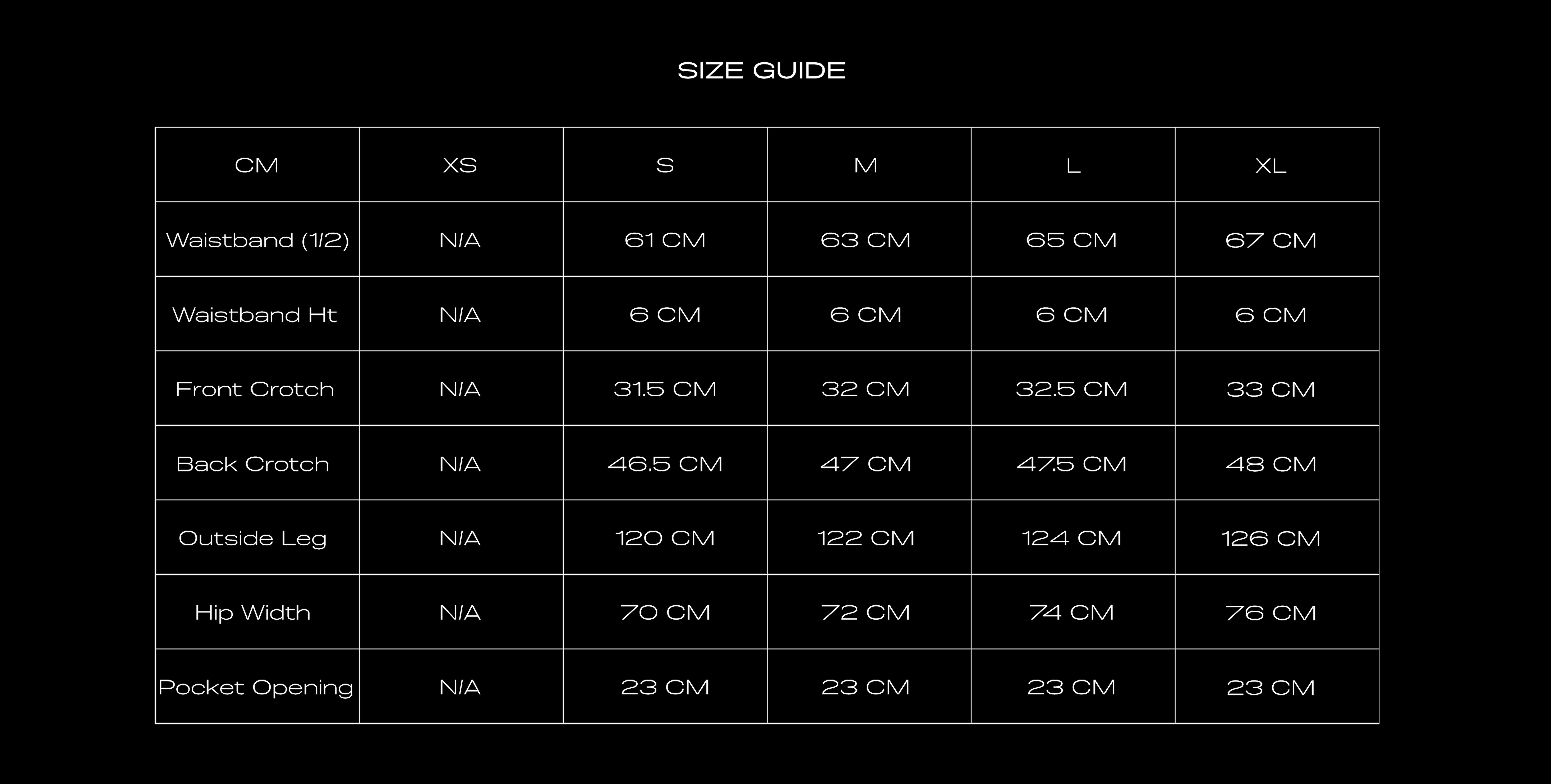 Size Chart for ATL JOGGERS