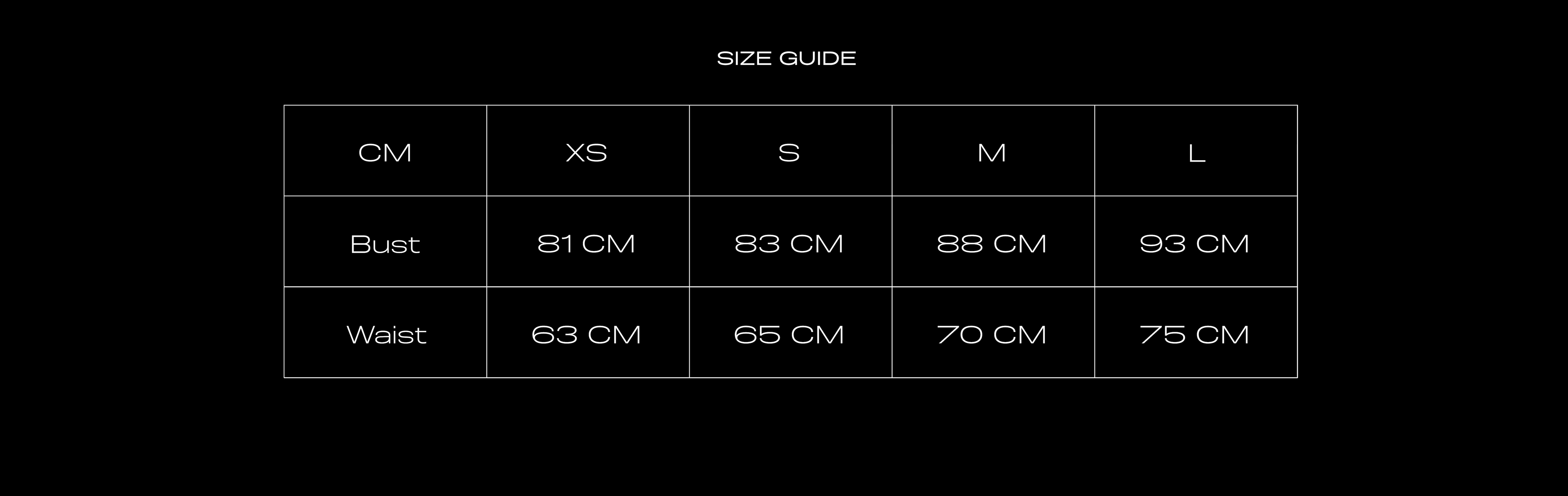 Size Chart for LATEX TEE EBONY BLACK