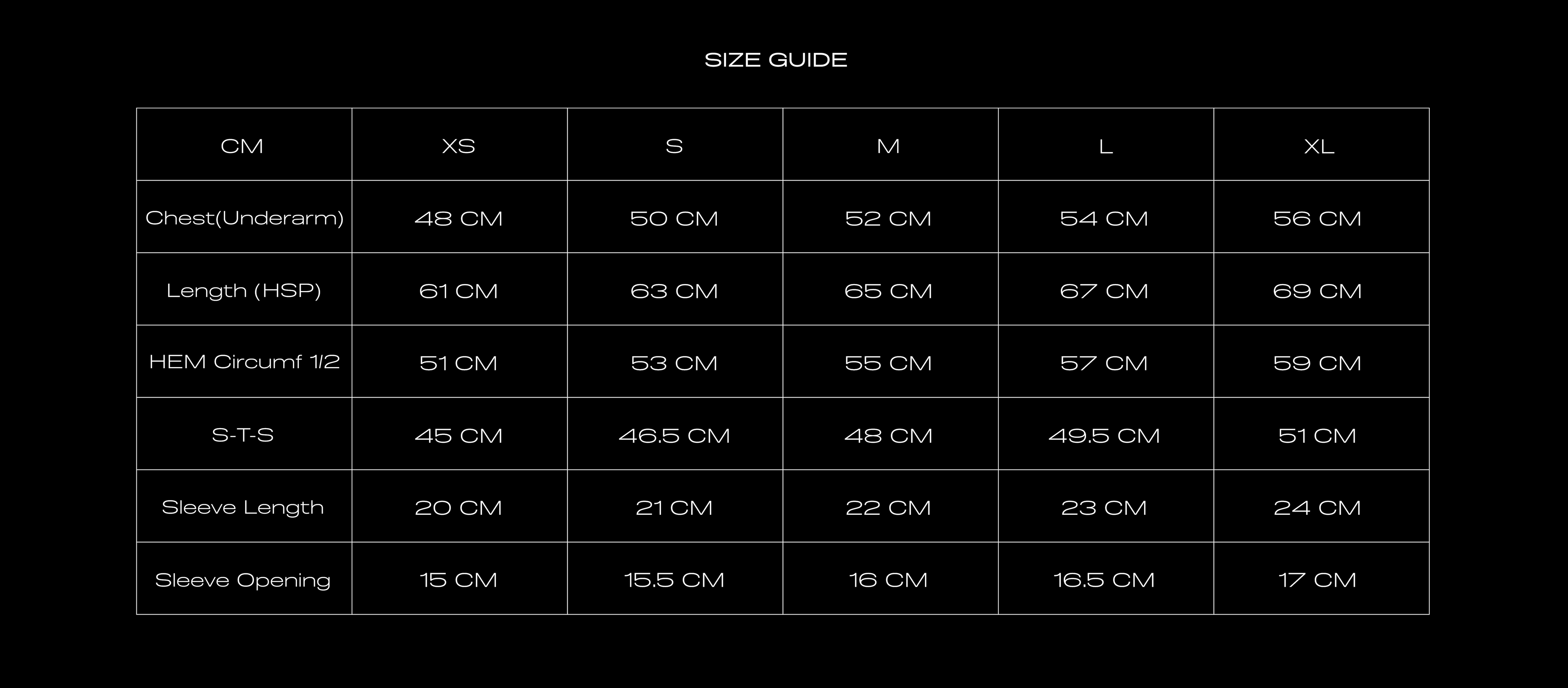 Size Chart for FEIN RELAXED POLO SHIRT