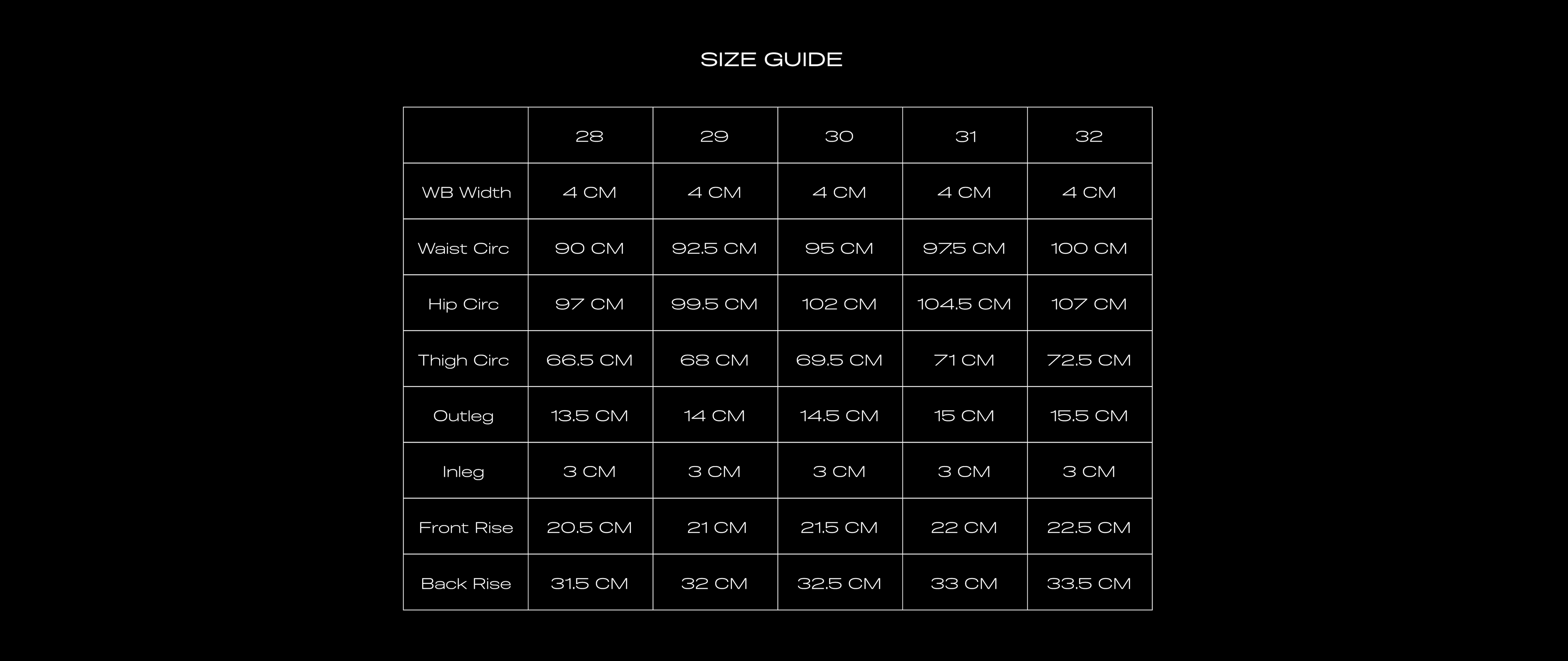 Size Chart for HOT SHORT CHEETAH