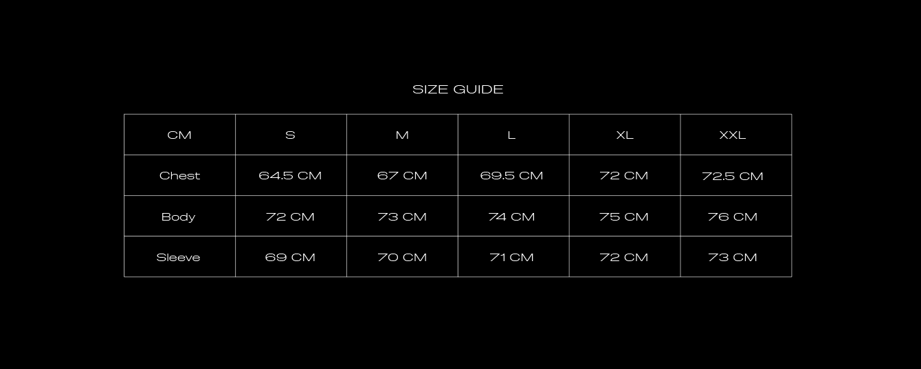 Size Chart for LGS REVERSIBLE BOMBER