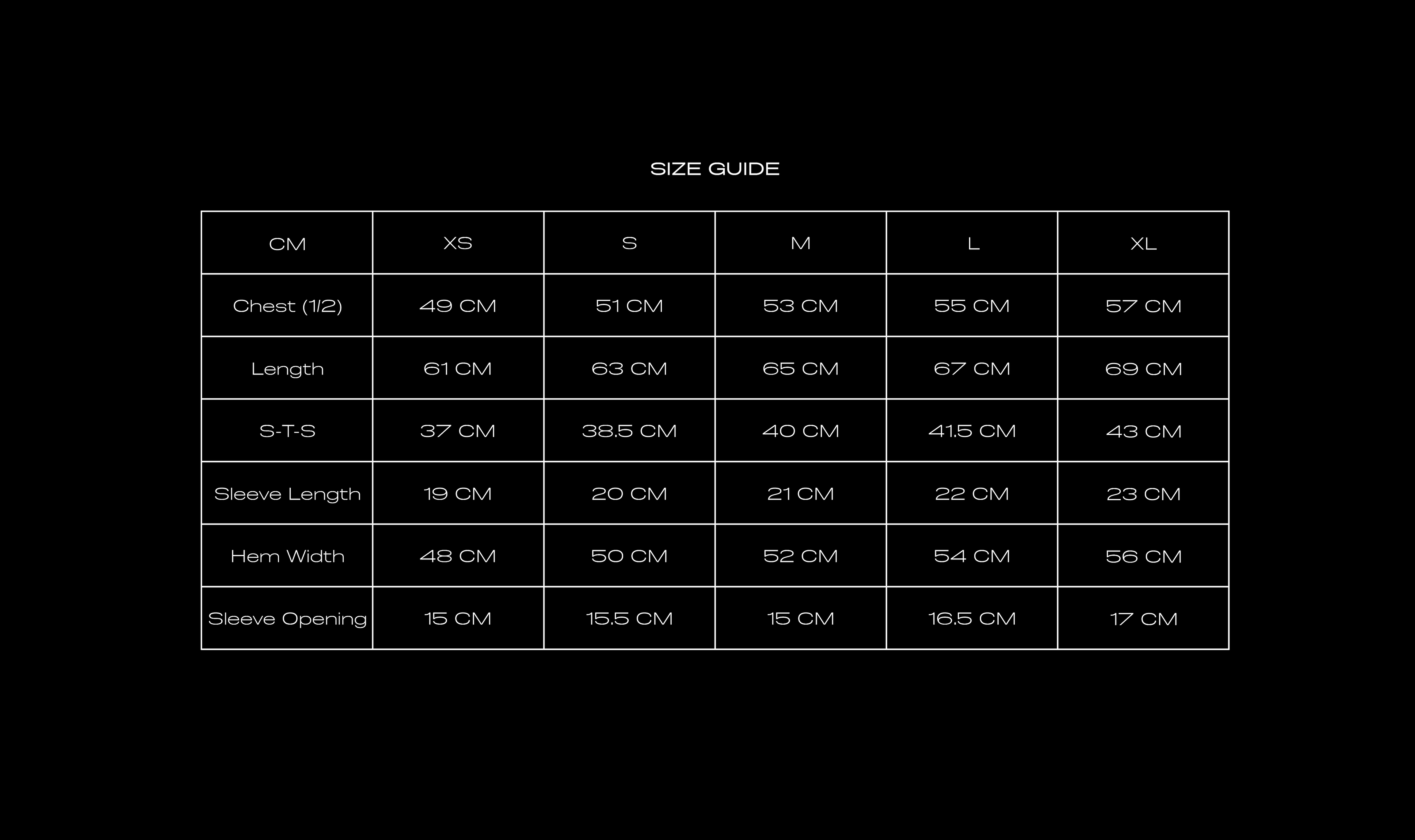 Size Chart for MJ TEE