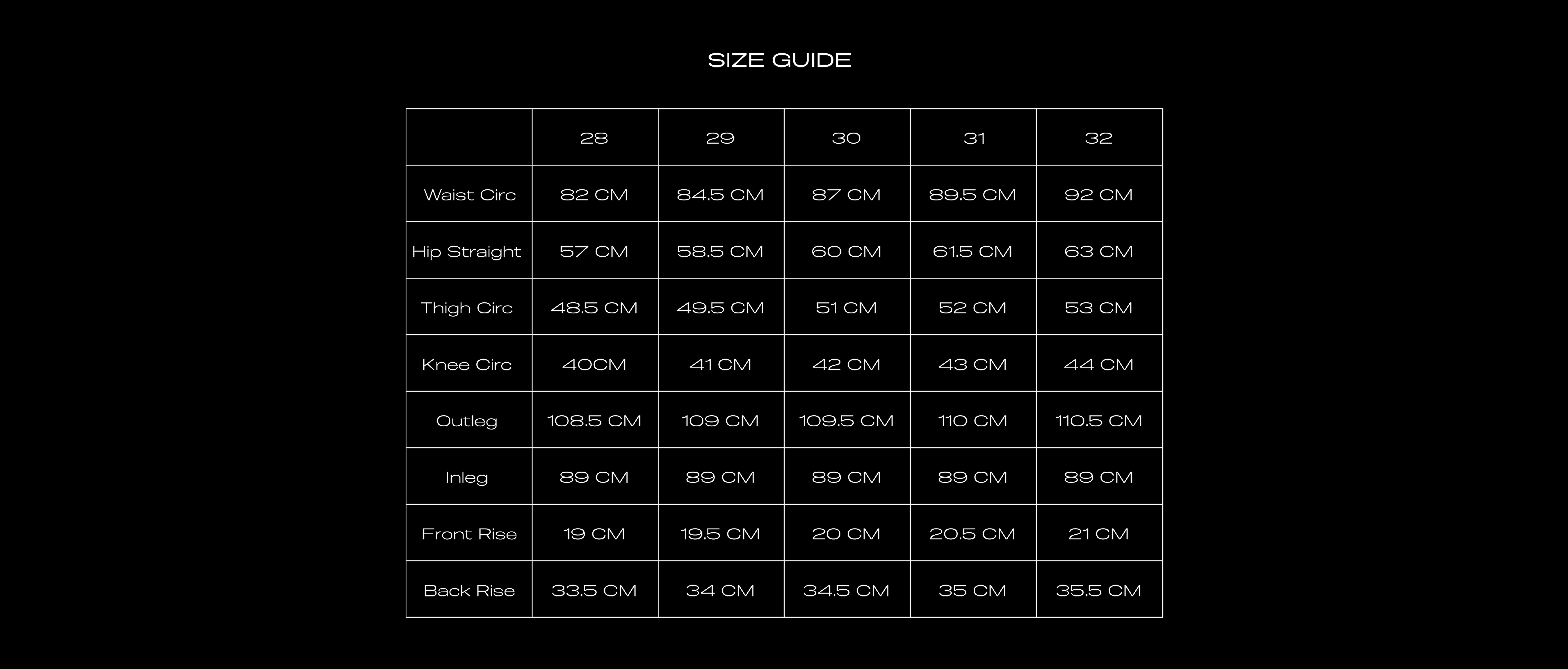 Size Chart for CHEETAH JEAN BLACK