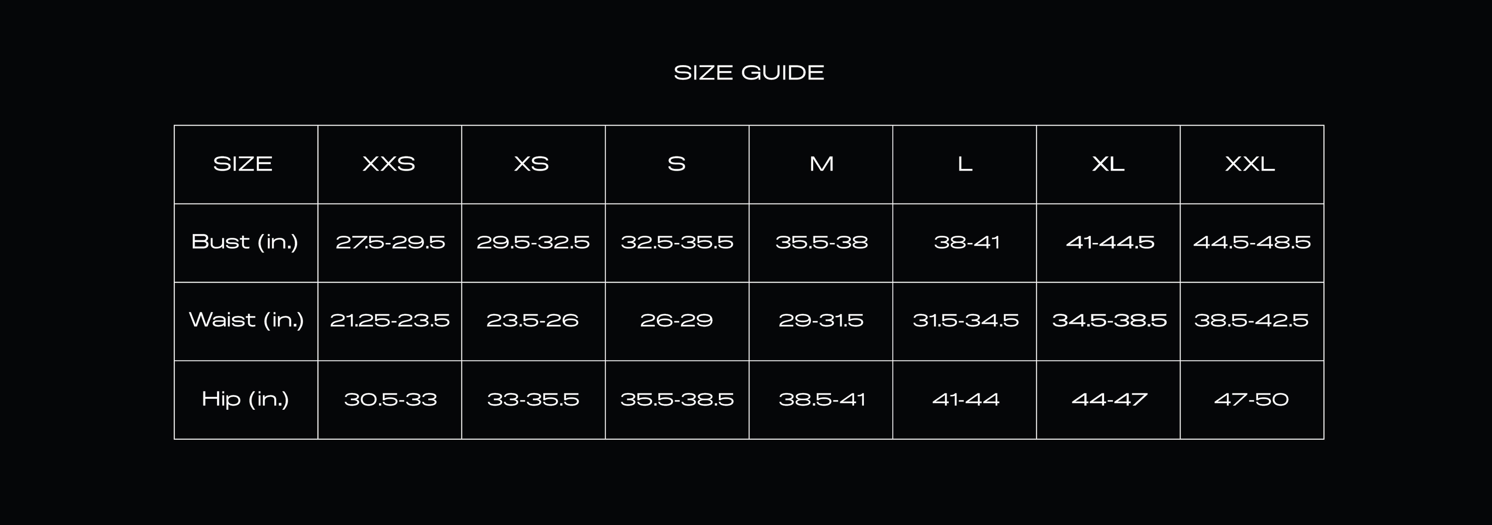 Size Chart for JORDAN HALTER BRA