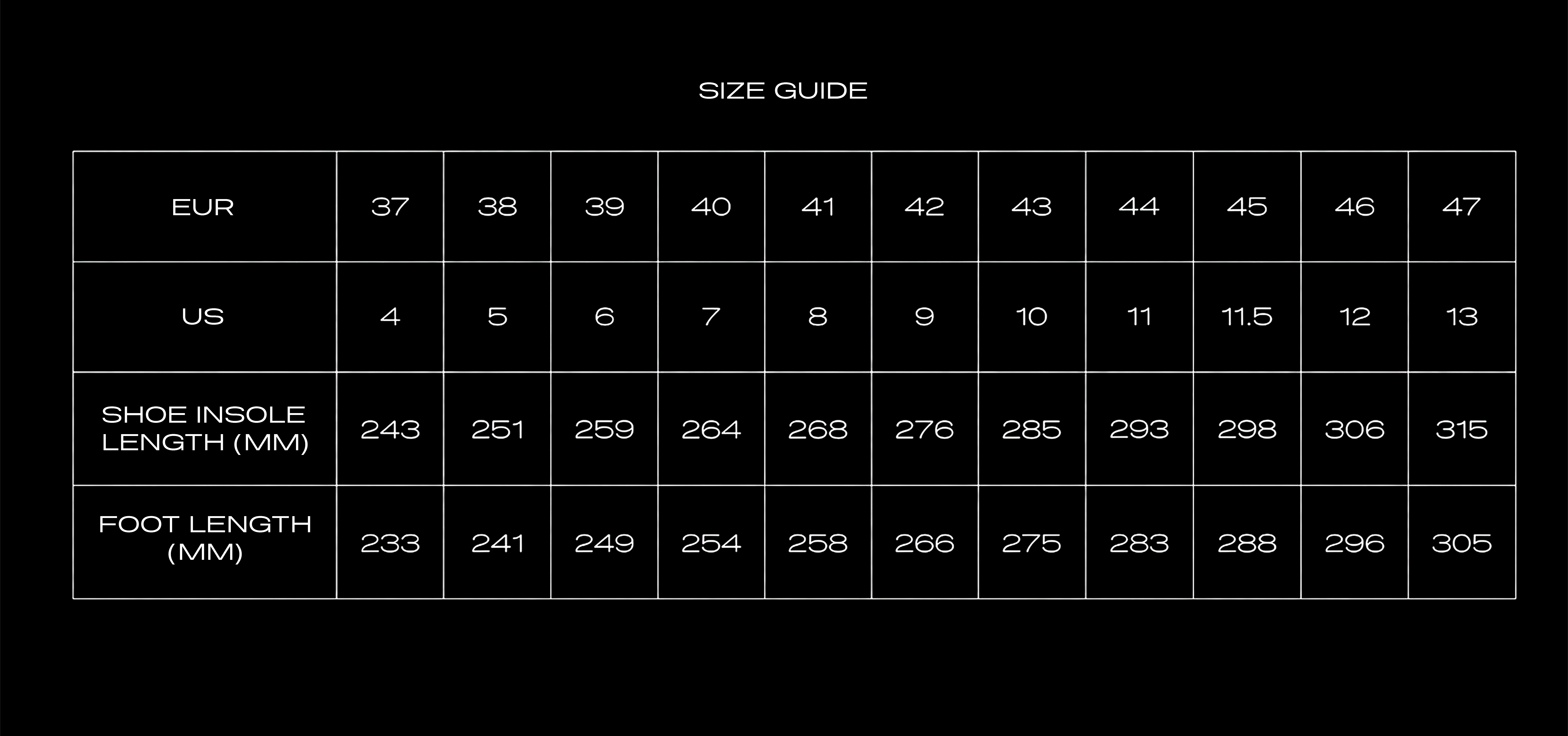 Size Chart for REIGN BOOT GOLD DIGGER