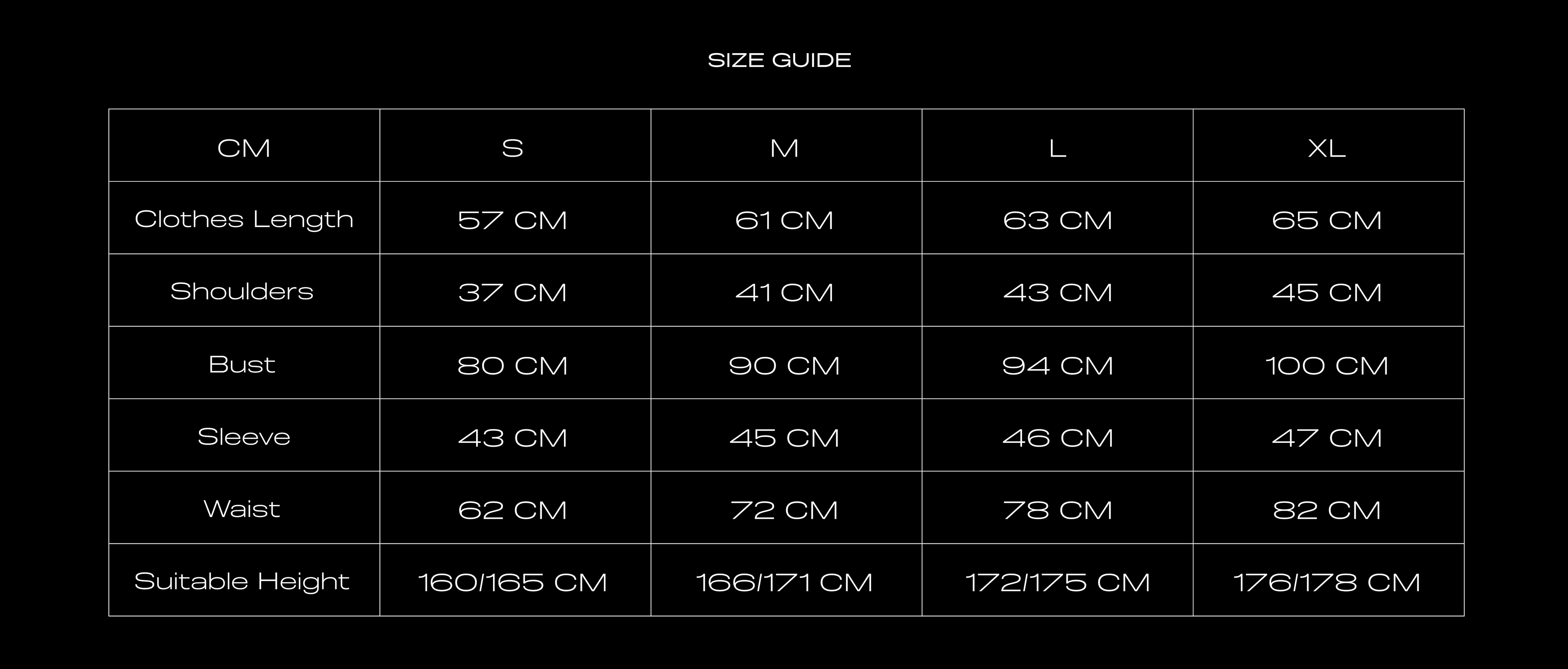 Size Chart for SLIM MOTO STUDDED JACKET