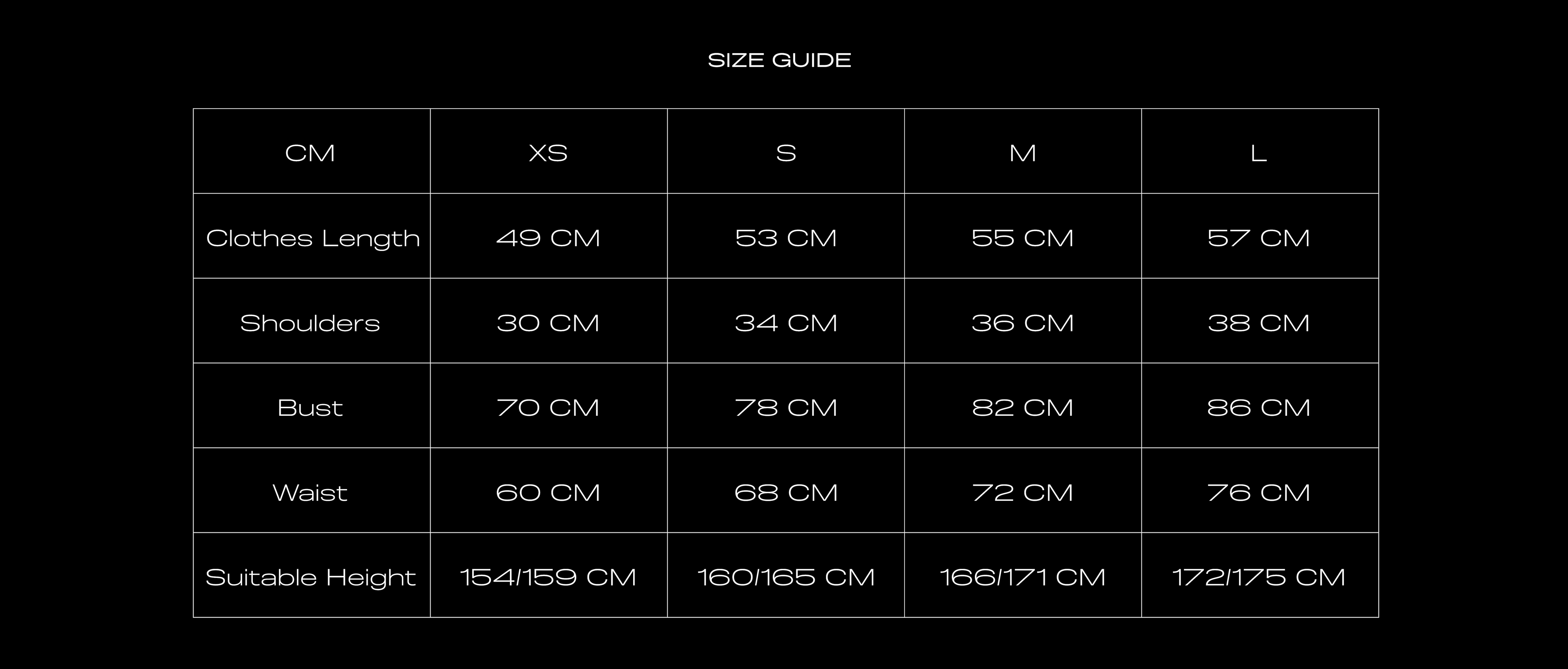 Size Chart for STAR VEST BLACK