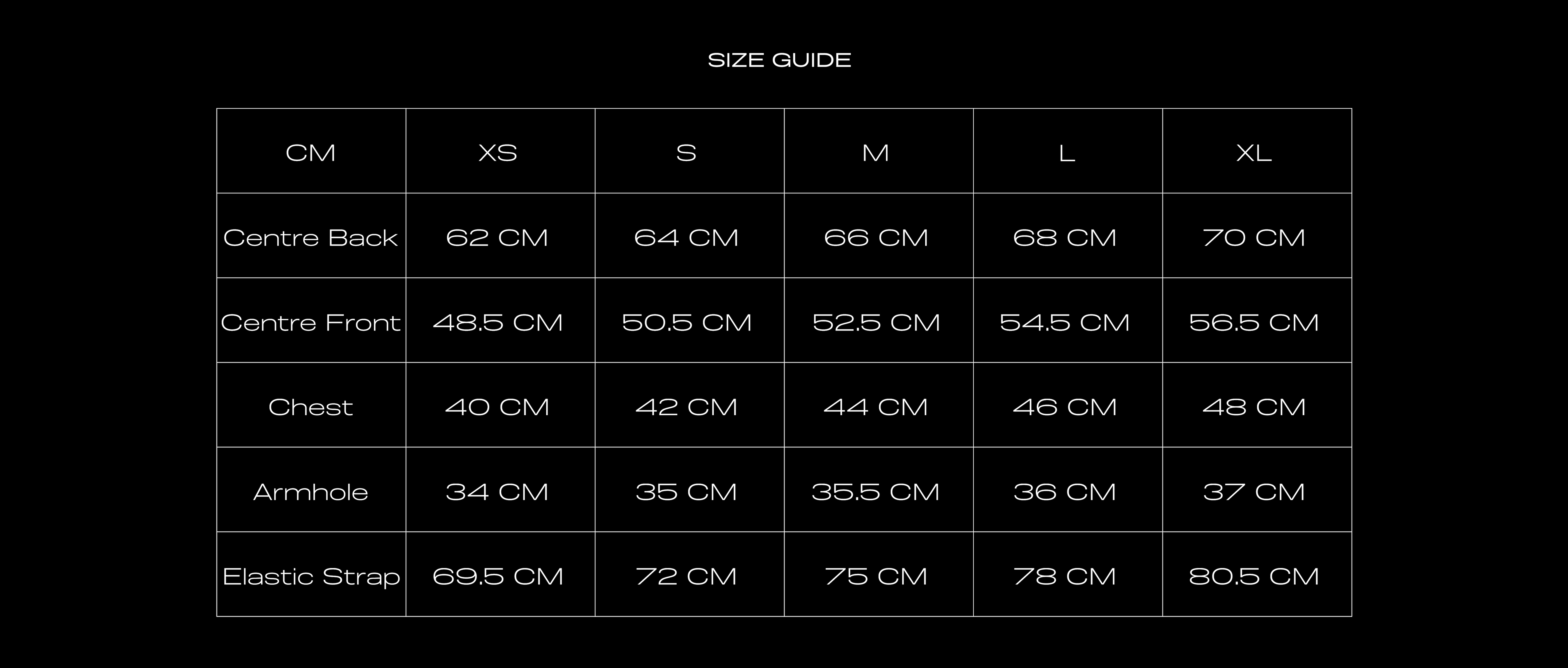 Size Chart for UNIT VEST